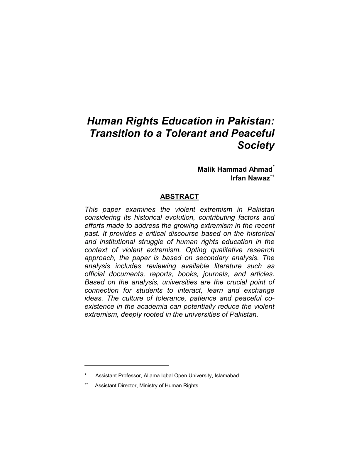 Human Rights Education in Pakistan:
Transition to a Tolerant and Peaceful
Society