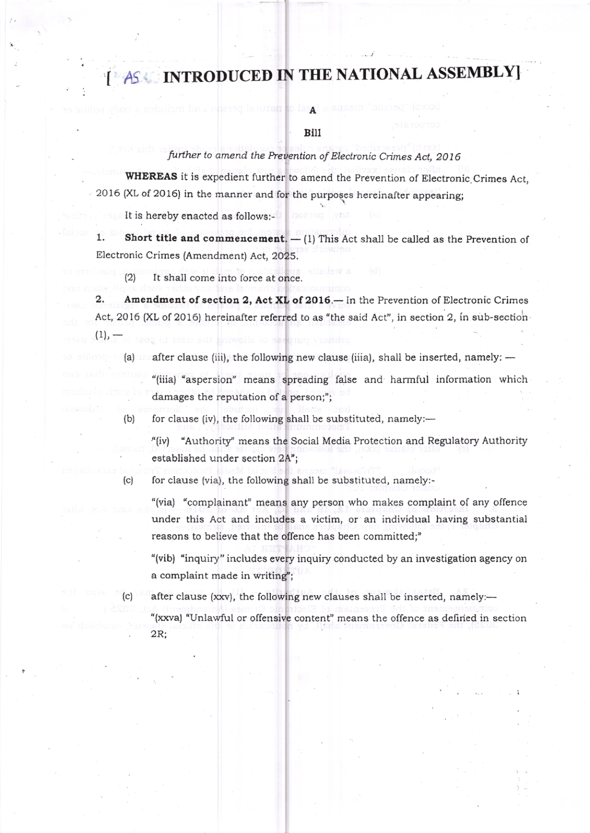 The Prevention of Electronlc Crimes (Amendment) Act